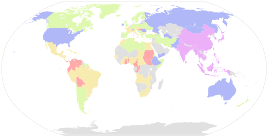 各國男性陰莖長度地圖。同一顏色表示大小相似。好奇各色所代表的尺度的朋友們，請洽維基百科。圖片來源：維基百科。