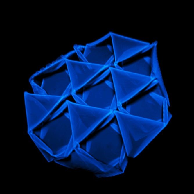 八面體－四面體桁架結構的共焦顯微鏡影像。照片由來自馬薩諸塞大學阿默斯特分校海沃德研究團隊（Hayward Research Group, University of Massachusetts-Amherst）的羅君熙（Jun-Hee Na）提供。