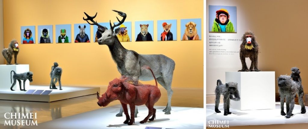英國藝術家 肯德菈‧海斯特 鍍鋅鐵絲動物：紅鹿與疣豬；山魈；在吃東西的年輕狒狒；狒狒母子。