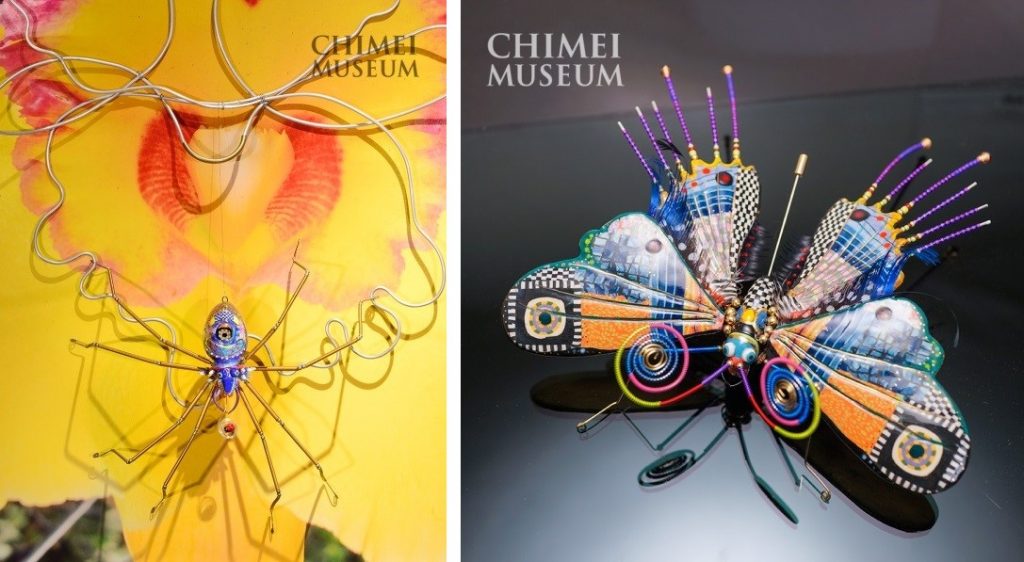 台灣藝術家 蔡爾平作品，蘭花上的大蜘蛛；蝴蝶