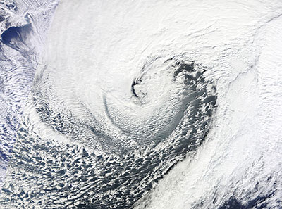 The January 2013 Northwest Pacific bomb cyclone east of Japan, which met the conditions of a bomb cyclone. (Courtesy: NASA)