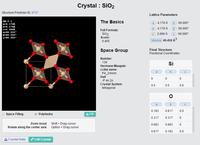 Materials Project計算SiO2晶體結構結果