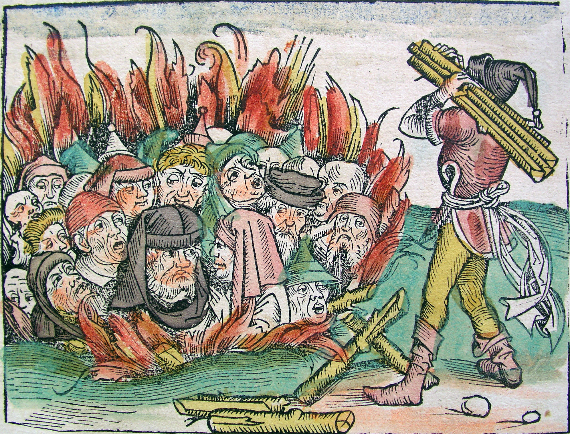 《紐倫堡紀事》（Die Schedelsche Weltchronik）描繪了猶太人因黑死病而被殺害的情景。